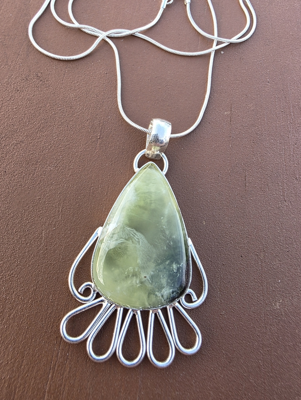 Prehnite Gemstone Pendant Necklace in 925 Sterling Silver (2.6")